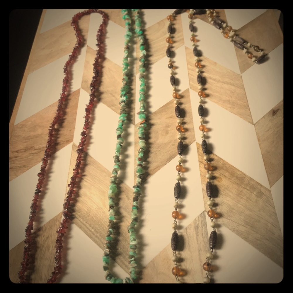 3 vintage long necklaces w precious stones/beads.